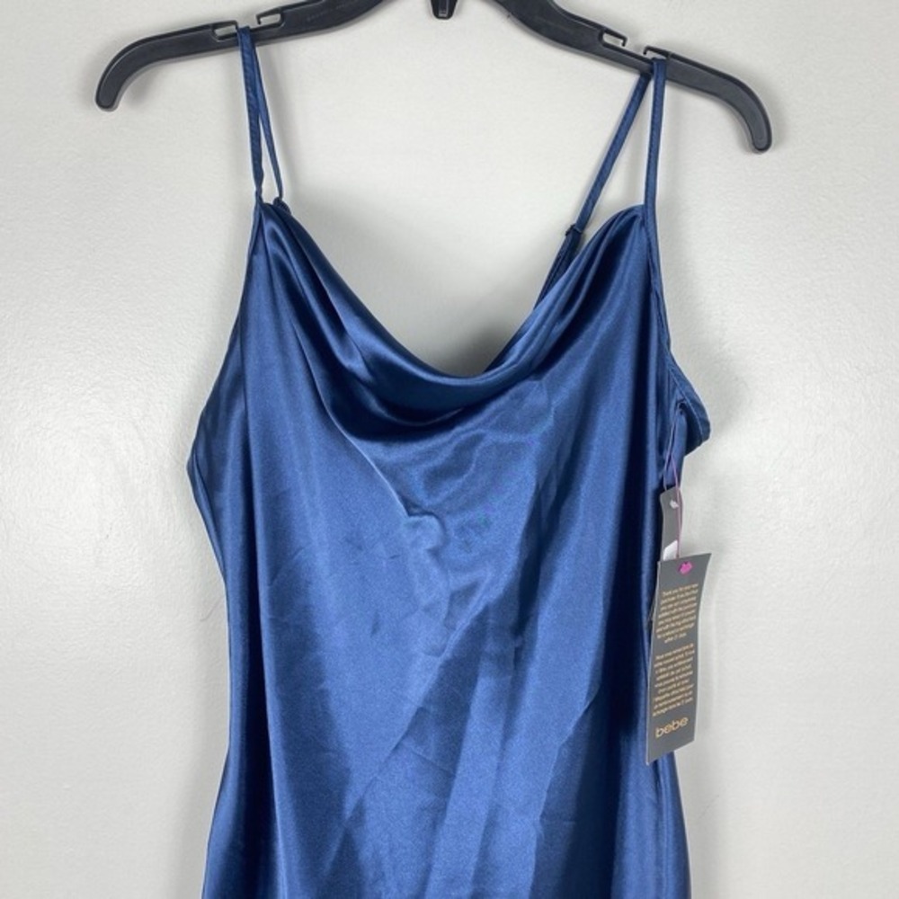 Bebe Satin Slip Mini Dress Sz L Blue Y2K 90s Clubbing Party NEW - Picture 2 of 10